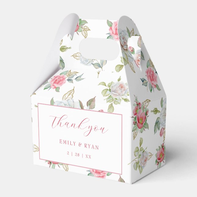 Roses & Gold Engraved Leaves Thank You Favor Boxes (Front Side)