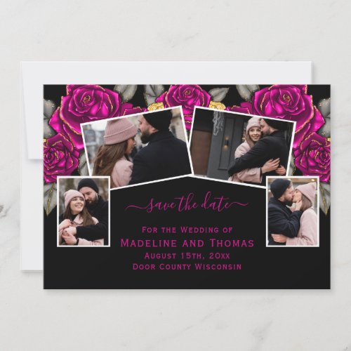 Roses Gold Foil Four Photo Black Pink Save The Date