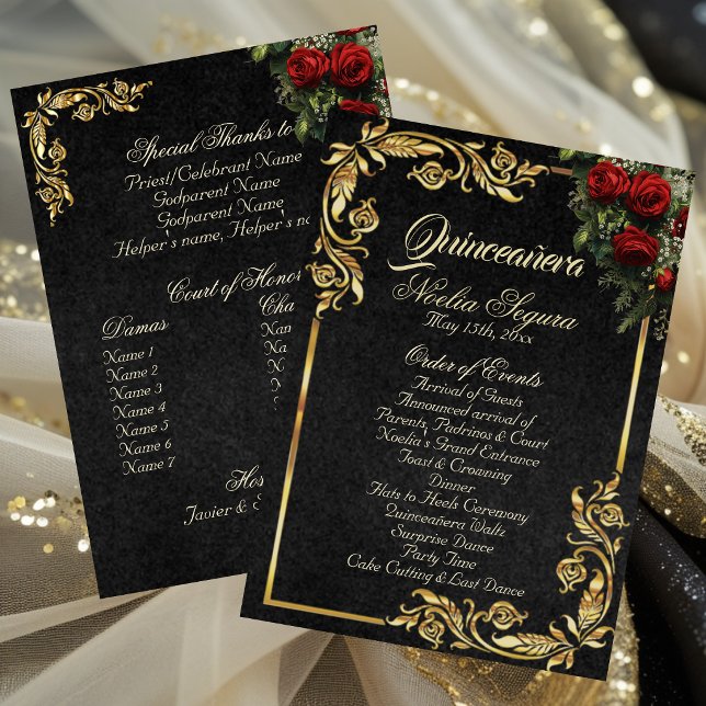 Roses & Gold Leaves - Black Quinceanera Program (Creator Uploaded)