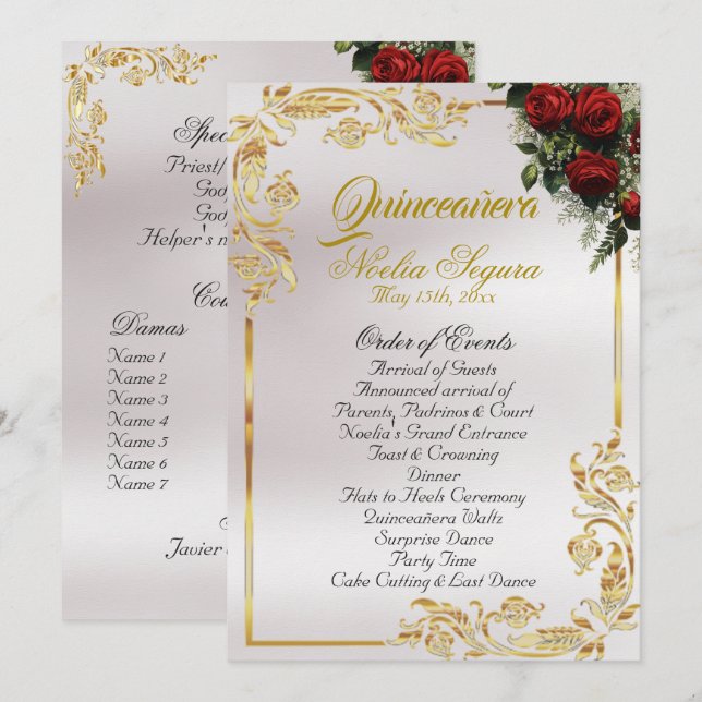 Roses & Gold Leaves - Pearl Quinceanera Program (Front/Back)