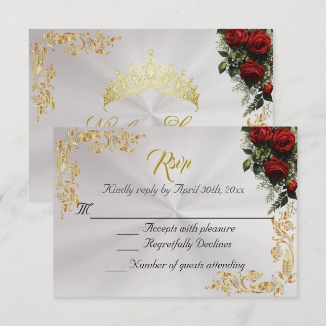 Roses & Gold Leaves - Pearl White RSVP Card (Front/Back)
