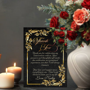 Roses, Gold Leaves & Tiara - Black Quinceanera Thank You Card