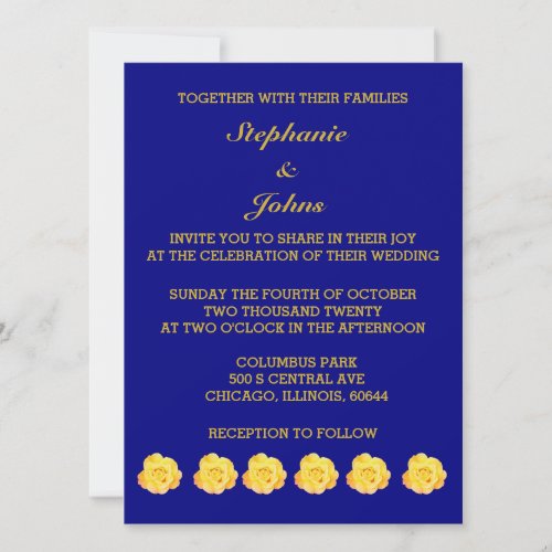 Roses Golden Yellow Gold Navy Blue Floral Wedding Invitation