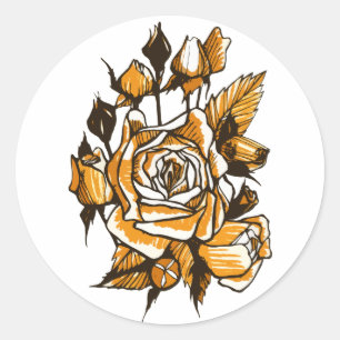 Roses, graphic floral art, blooming rose flowers classic round sticker