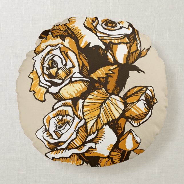 Roses, graphic floral art, blooming rose flowers round pillow (Front)