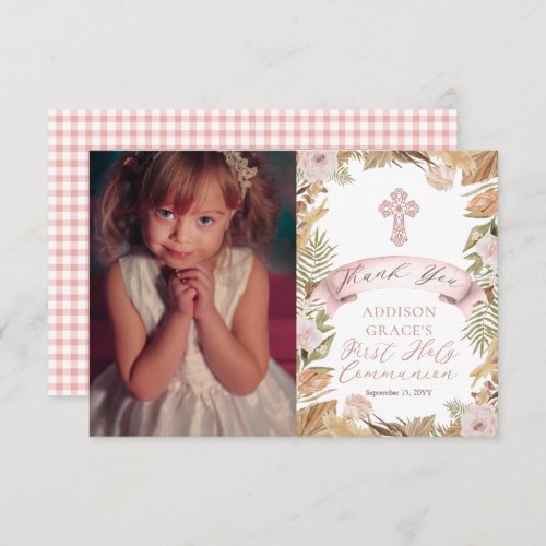 Roses  Grasses Floral Girl First Holy Communion Thank You Card