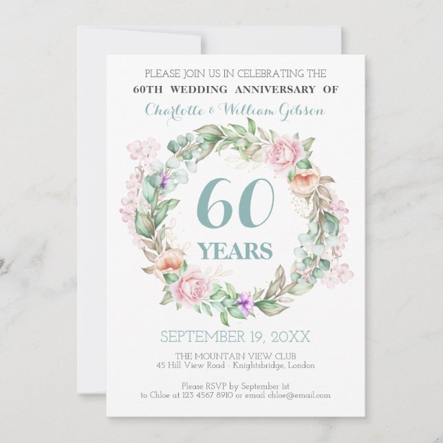 Roses Greenery 60th Diamond Wedding Anniversary Invitation (Front)