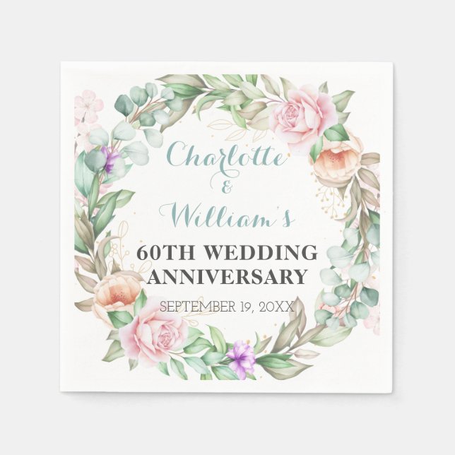 Roses Greenery 60th Diamond Wedding Anniversary  Napkins (Front)