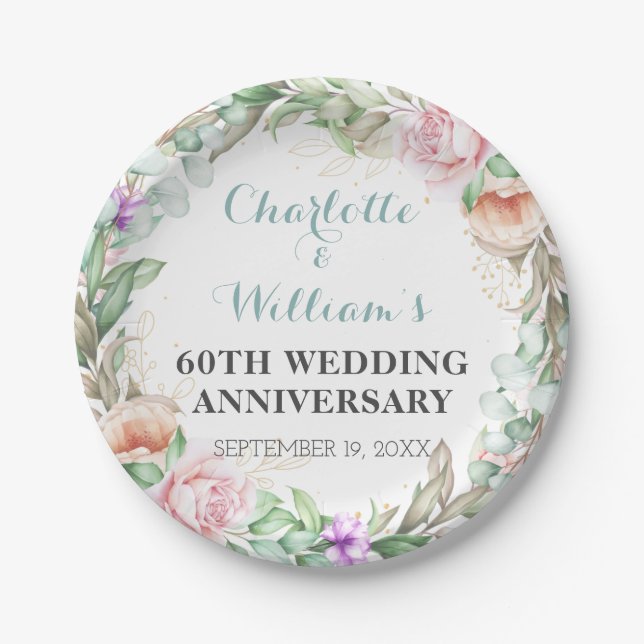 Roses Greenery 60th Diamond Wedding Anniversary  Paper Plates (Front)