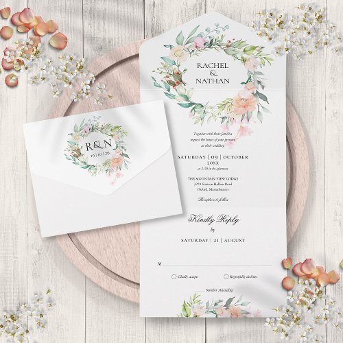Roses Greenery Floral Monogram Wedding All In One Invitation
