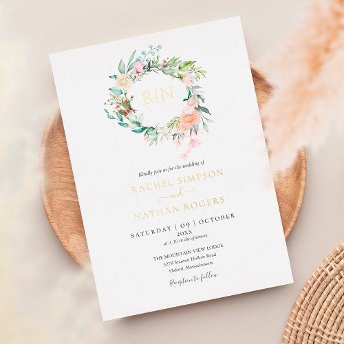 Roses Greenery Floral Wedding Monogram Gold Foil Invitation