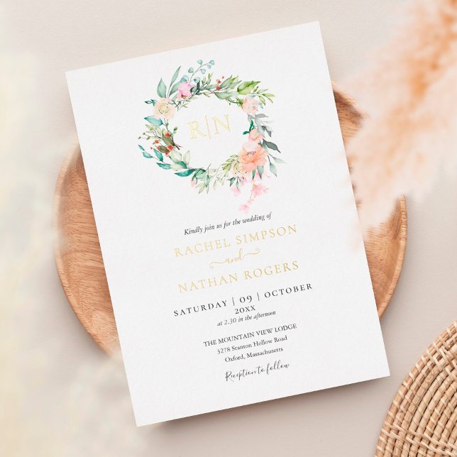 Roses Greenery Floral Wedding Monogram Gold Foil Invitation (Creator Uploaded)