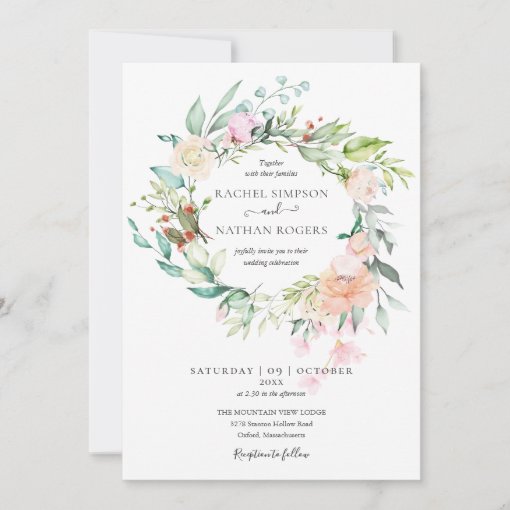 Roses Greenery Floral Wreath Wedding Invitation | Zazzle