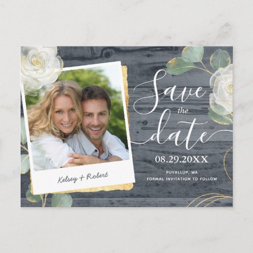Roses Greenery Photo Rustic Wedding Save the Date Announcement Postcard