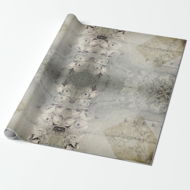Roses Grunge Gray Gothic Wrapping Paper (Unrolled)
