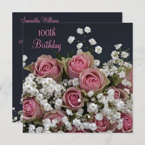Roses  Gypsophila Bouquet 100th Birthday Invitation