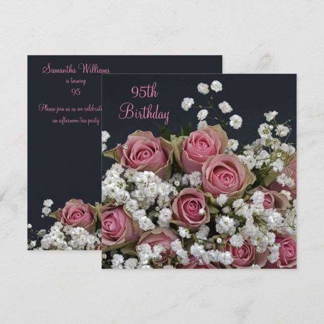 Roses & Gypsophila Bouquet 95th Birthday Invitation (Front/Back)