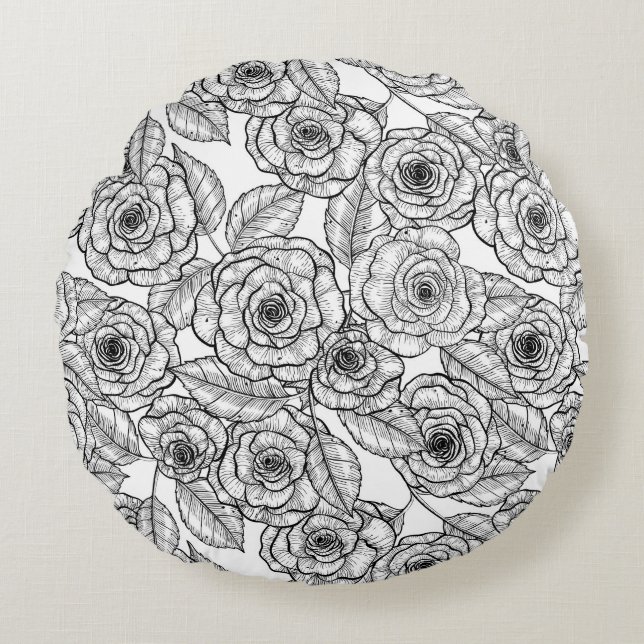 Roses hand drawn pattern round pillow (Front)