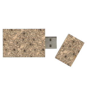 Roses hand drawn pattern wood flash drive