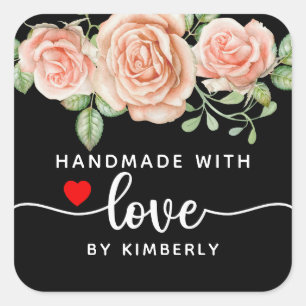 Roses Handmade with Love Black Square Sticker