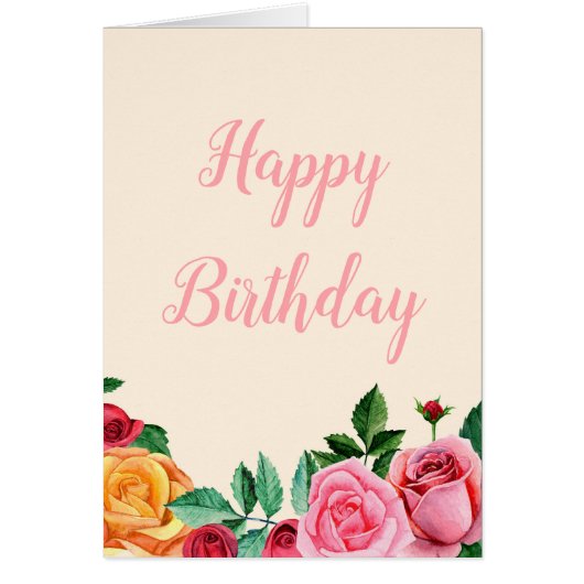 Roses happy birthday card. Watercolor pink flowers (Front)