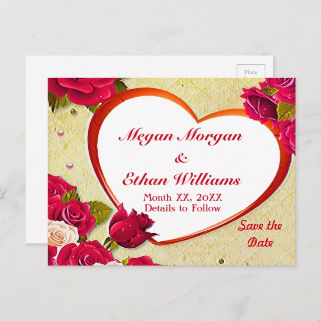 Roses & Heart Frame Save the Date Postcard (Front/Back)