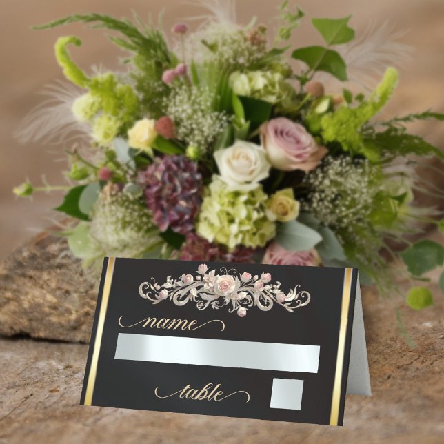 Roses & Heart Monogram - Black Place Card (Creator Uploaded)