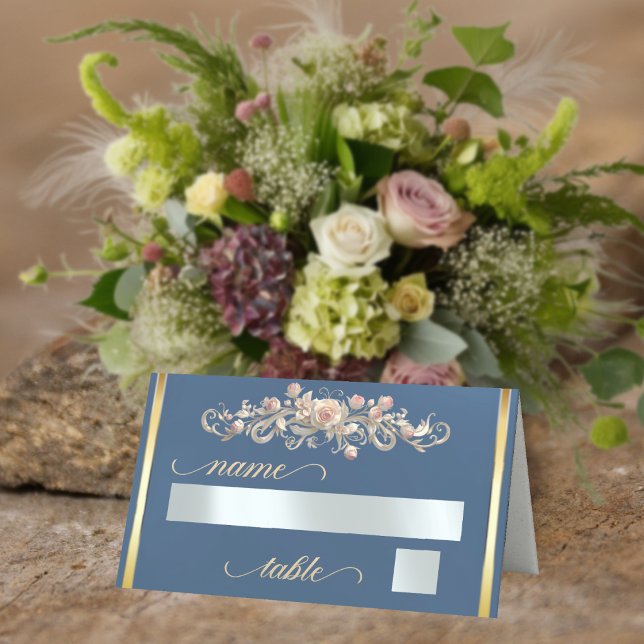 Roses & Heart Monogram - Blue Place Card (Creator Uploaded)