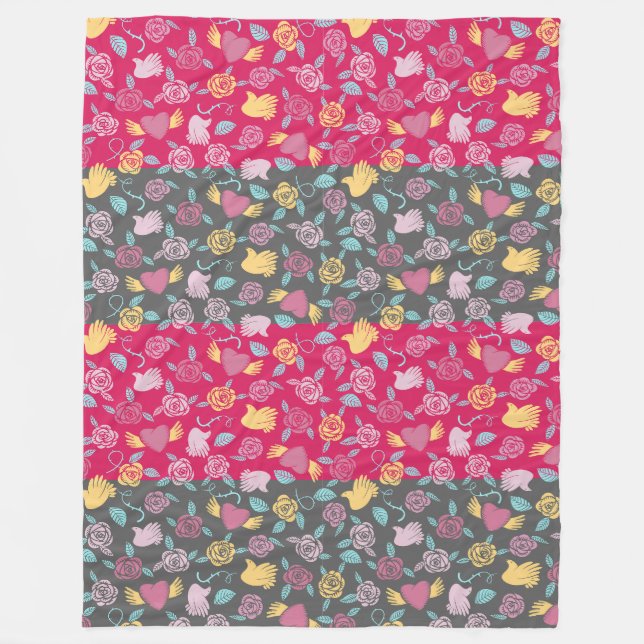 Roses, Hearts, and Hands Pattern Fleece Blanket (Front)