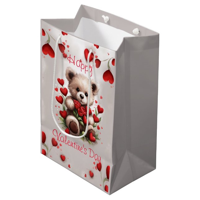 Roses & Hearts Cute Teddy Bear Valentine's Day Medium Gift Bag (Front Angled)
