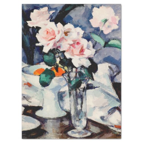 ROSES IN A GLASS VASE ANTIQUE SCOTTISH PAINTING TISSUE PAPER