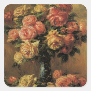 Roses in a Vase by Pierre Renoir, Vintage Fine Art Square Sticker