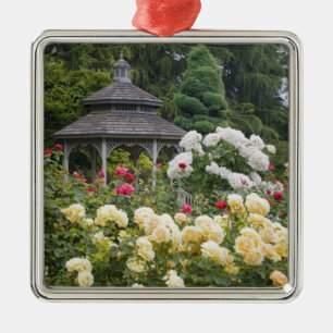 Roses in bloom and Gazebo Rose Garden at the Metal Ornament