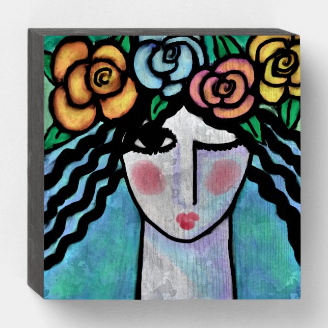 Roses in Her Hair Abstract Digital Painting Wooden Box Sign (Front Horizontal)