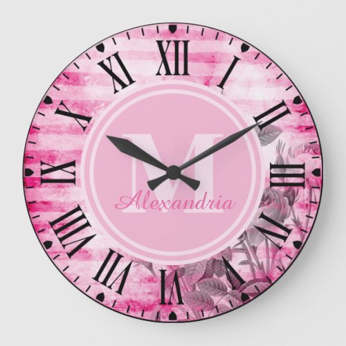 Roses in Hot Pink Background  Floral Monogram Large Clock