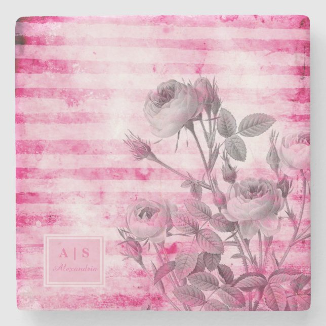 Roses in Hot Pink Background | Floral Monogram Stone Coaster (Front)
