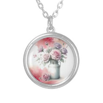 Roses In Milk Jug Vintage Style Silver Plated Necklace by seashell2 at Zazzle