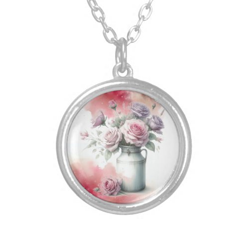 Roses in Milk Jug Vintage Style Silver Plated Necklace