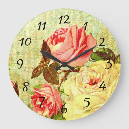 Roses in Pink and Yellow Shabby Chic Vintage Large Clock