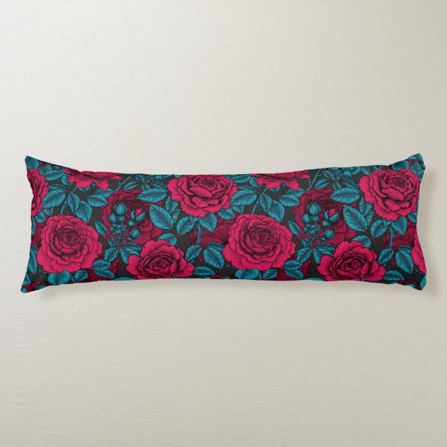 Roses in red and blue body pillow (Front)