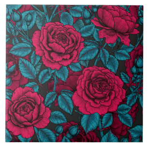 Roses in red and blue ceramic tile