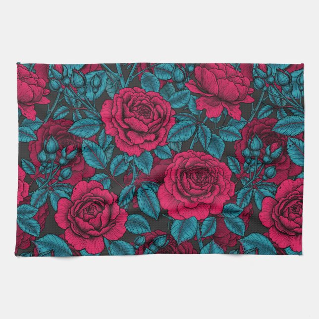 Roses in red and blue kitchen towel (Horizontal)
