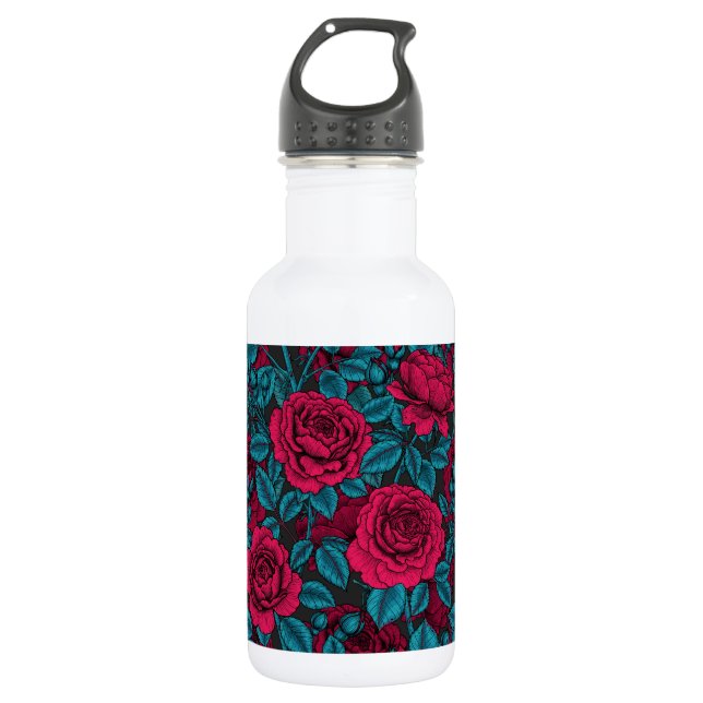 Roses in red and blue stainless steel water bottle (Front)