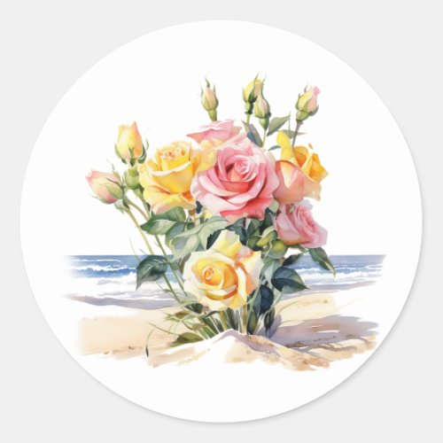 Roses in the beach design classic round sticker