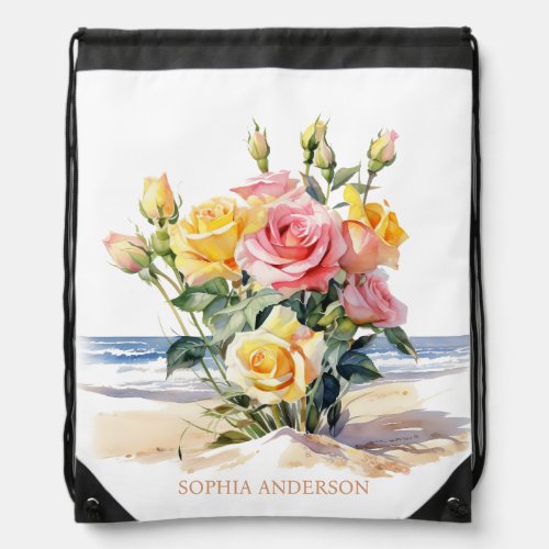 Roses in the beach design drawstring bag