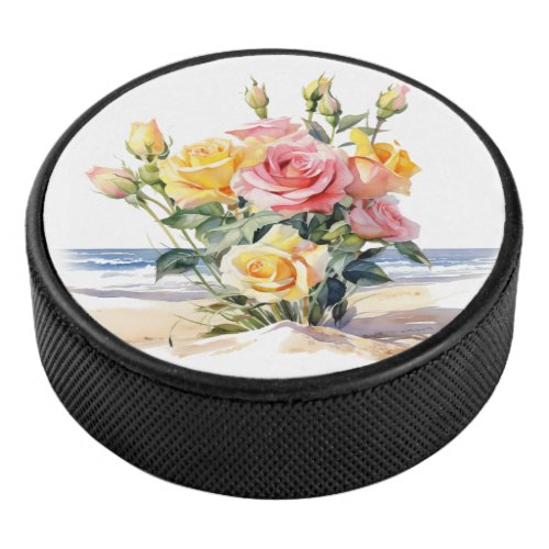 Roses in the beach design hockey puck