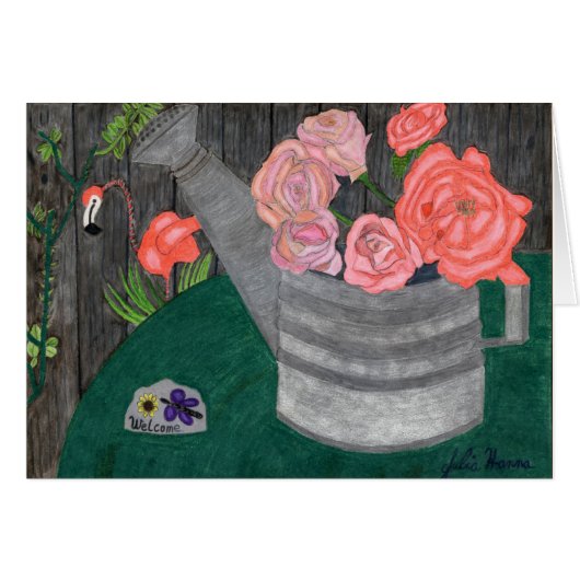 Roses In The Watering Can Card by Julia Hanna (Front Horizontal)