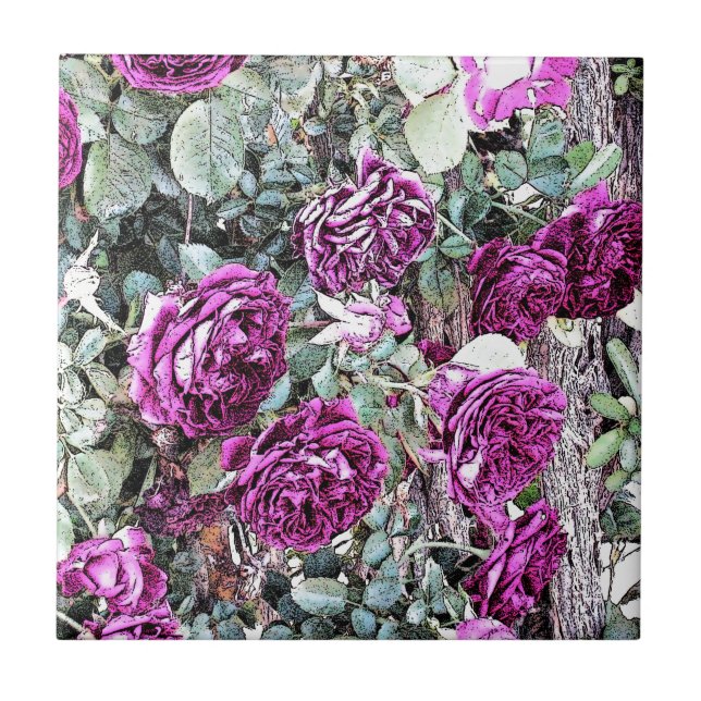Roses Ink Outline Ceramic Tile (Front)