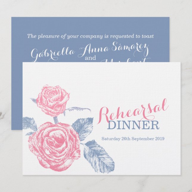 Roses ink sketch blue pink rehearsal dinner invite (Front/Back)