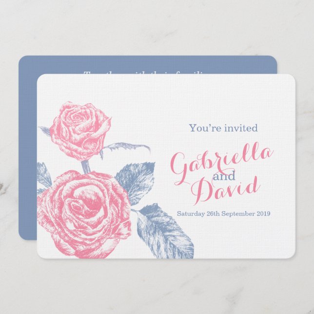 Roses ink sketch blue pink wedding invite (Front/Back)